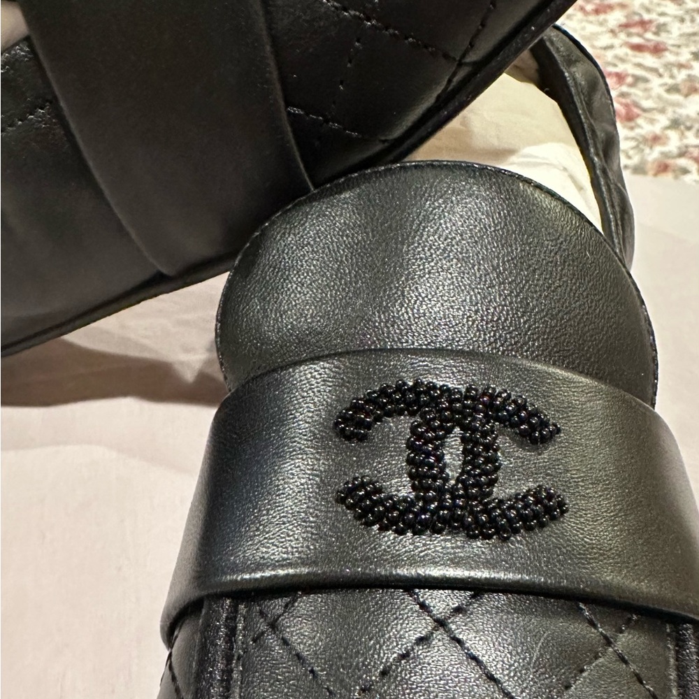 CHANEL Black Flats with Crystal CC Embellishments